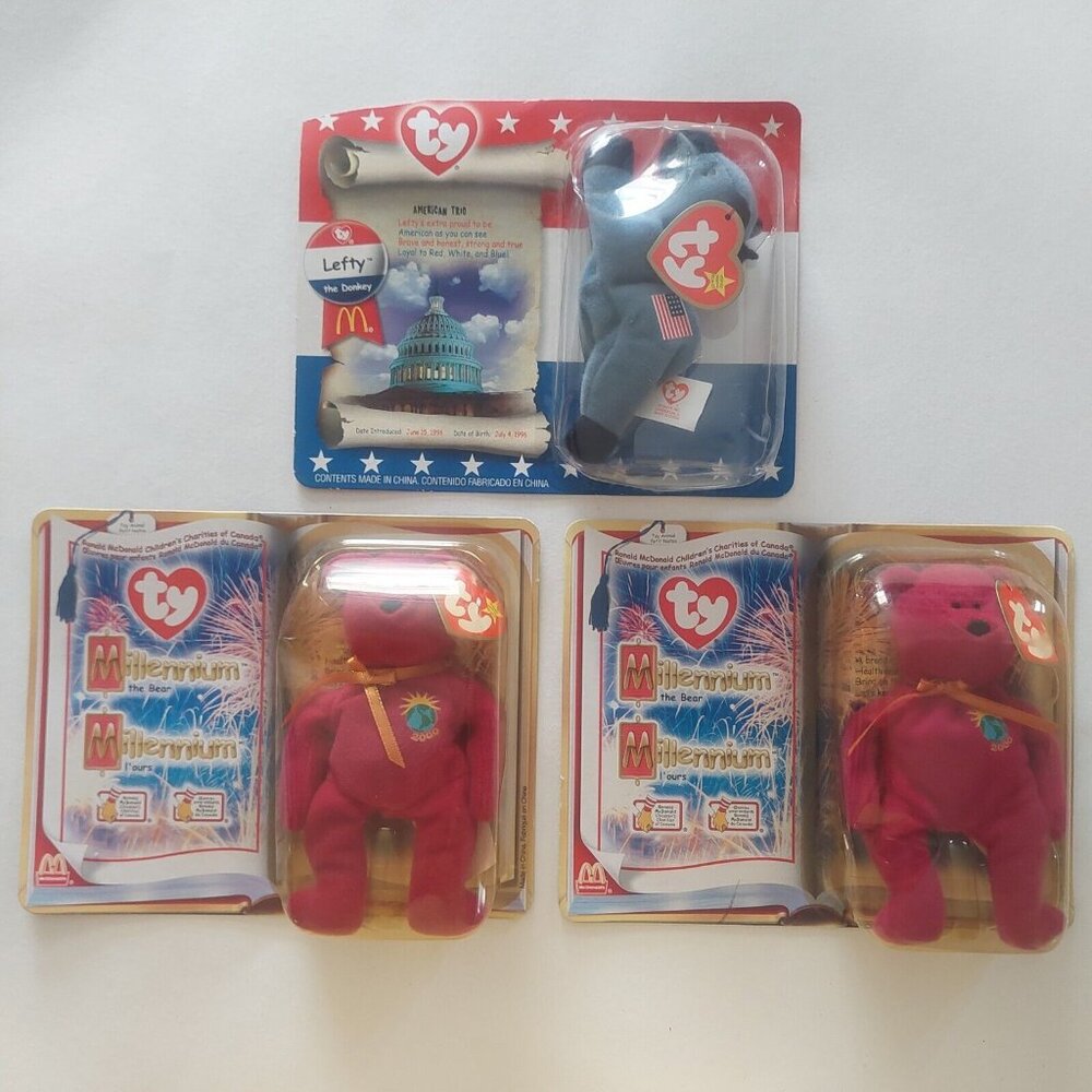 Ty McDonald's Teenie Beanie Lefty The Donkey Millennium Bears LOT Of 3 NEW